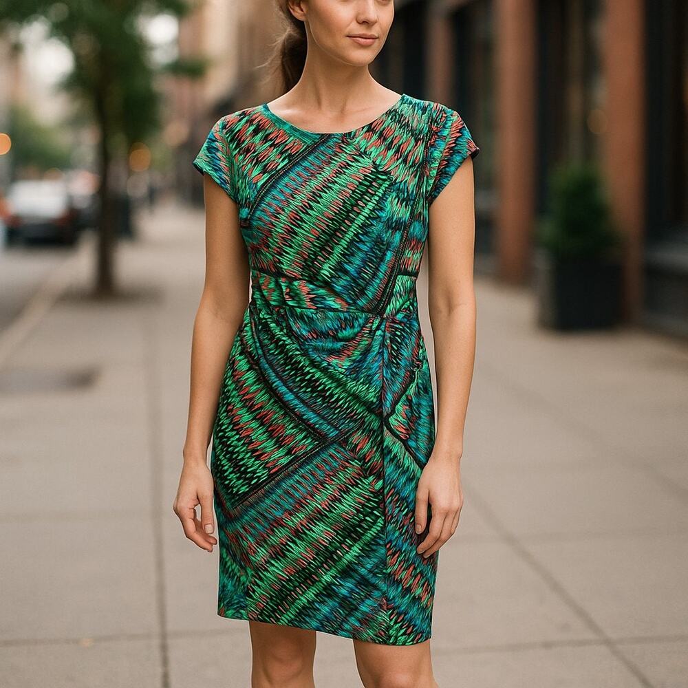 Ellen Tracy Womens Twist Front Sheath Dress Colorful Geometric Print Size 4